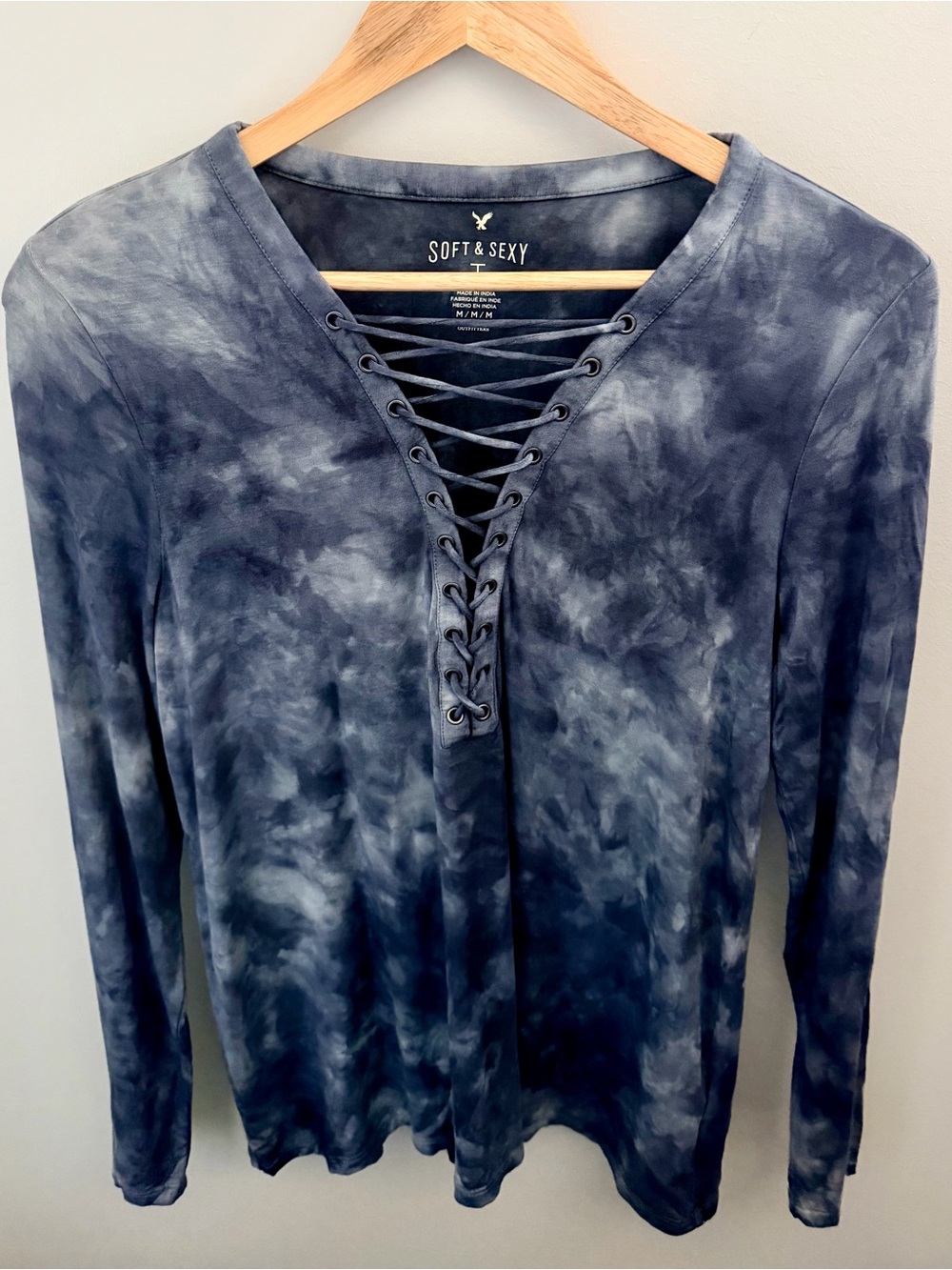 American Eagle Navy Tie-Dye Lace-Up Long Sleeve Top M Y2K